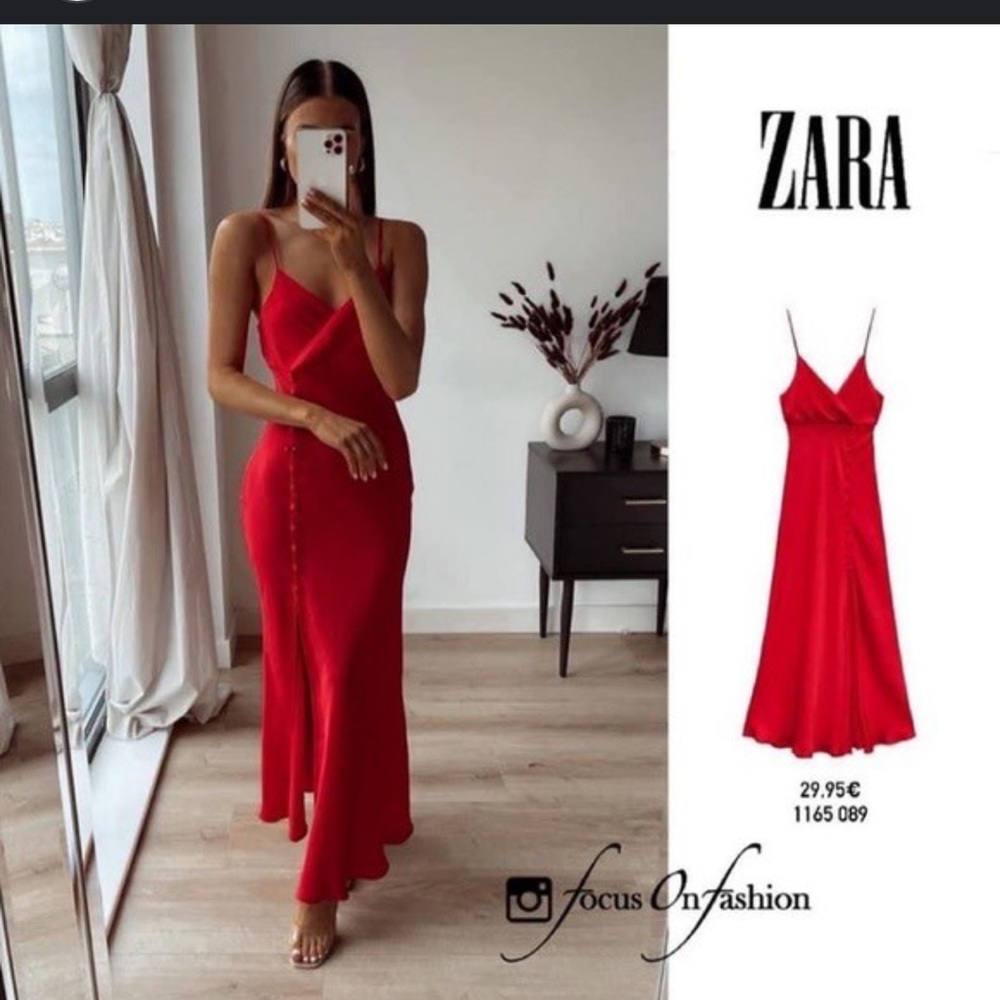 Zara red satin maxi dress with button closure decorative front slit strap dress